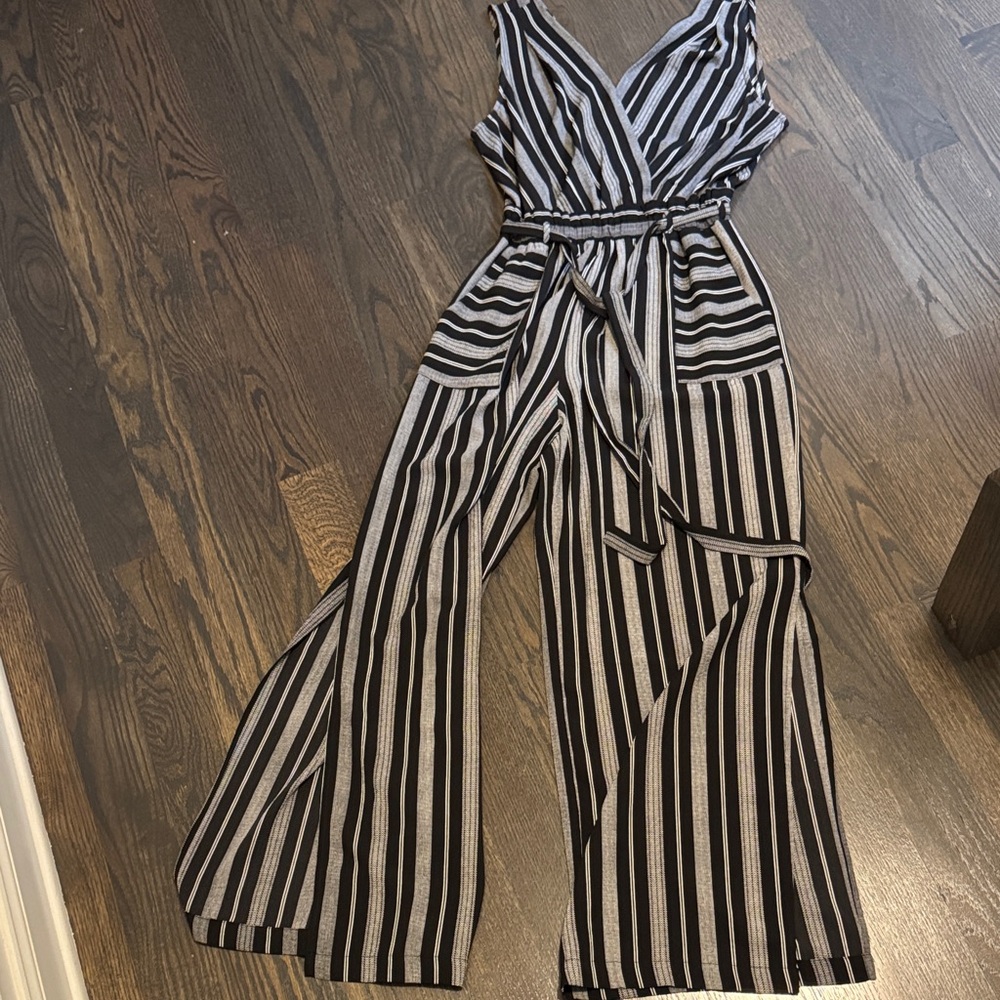Monteau Black and White Striped Jumpsuit